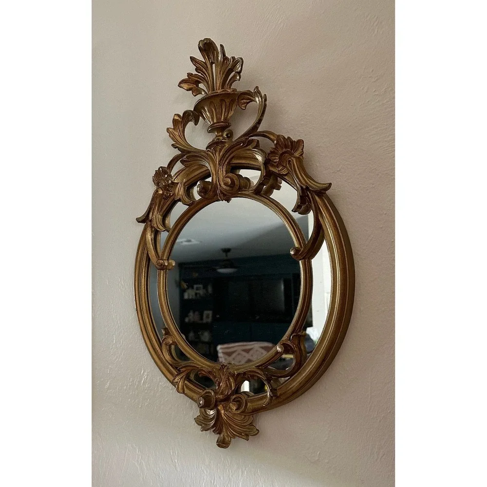 1950s Vintage Gilded Round Italian Wall Mirror Old Hollywood Gilded‎ Baroque